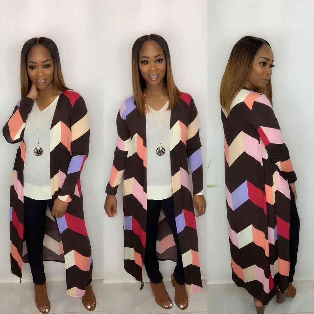 Colorful Striped Casual Open Stitch Long Coat Autumn Women Full Sleeve Trench Female Streetwear Tops