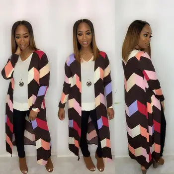 

Colorful Striped Casual Open Stitch Long Coat Autumn Women Full Sleeve Trench Female Streetwear Tops