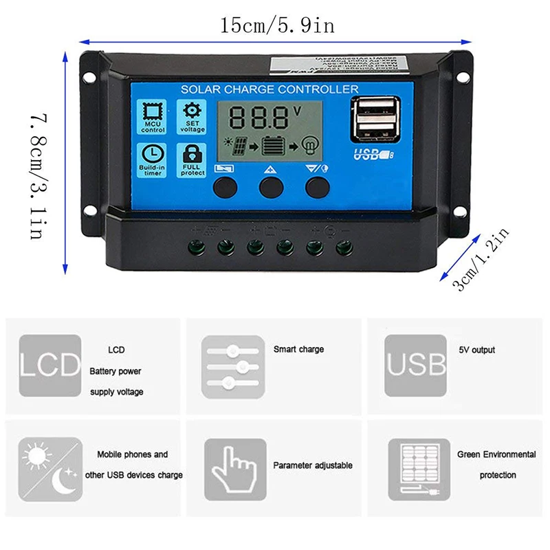 Solar Controller with LCD Display & Dual USB Output - PWM Battery Charger