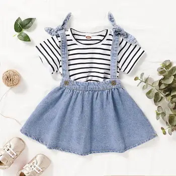 

PatPat 2020 New Summer and Spring Baby Girl Casual Striped Top and Denim Strappy Short-Sleeve Dress Baby Clothes