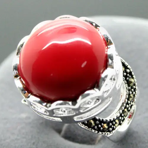 

16mm silver color RED CORAL Bali Handcrafted Ring Size 7/8/9/10