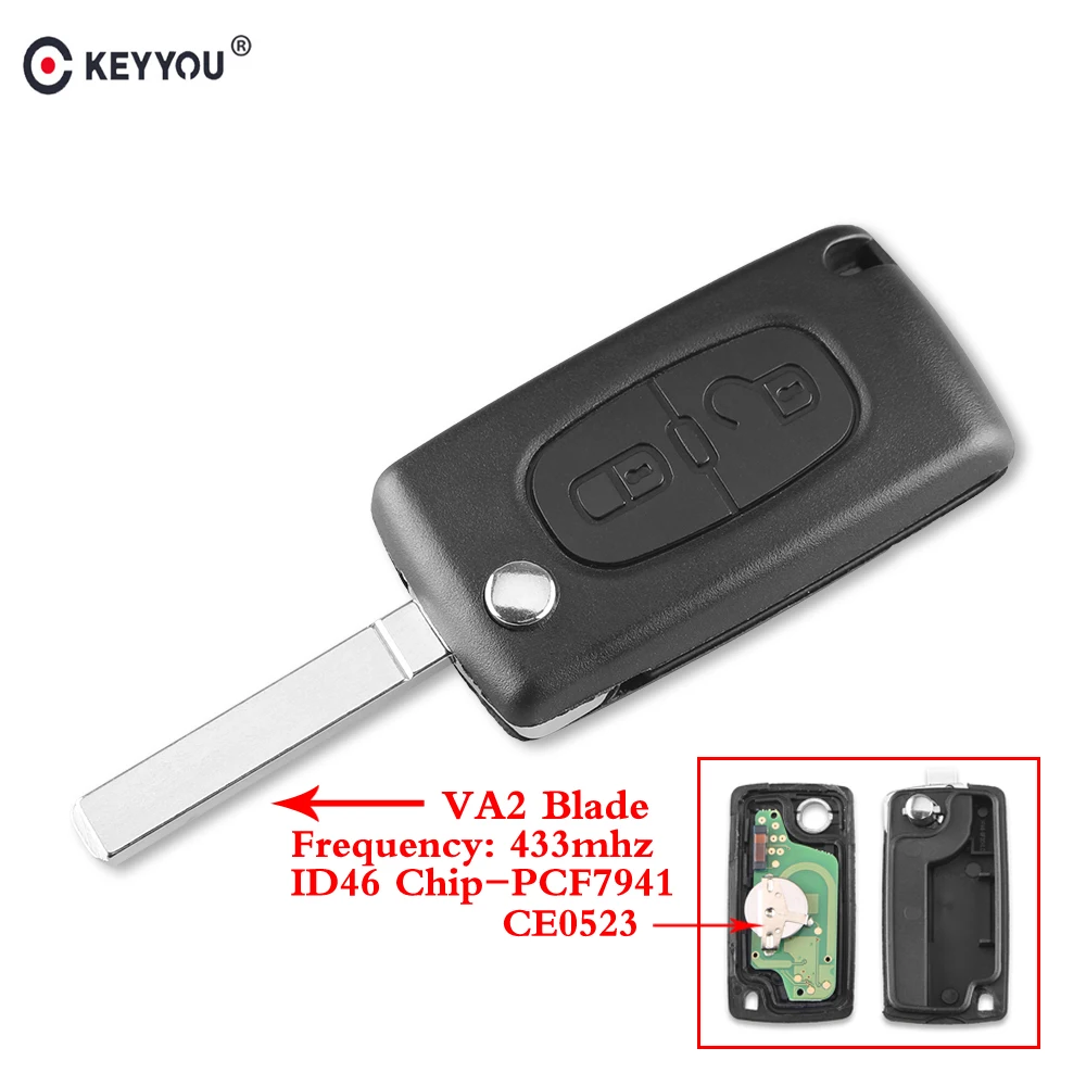 

KEYYOU 433MHz 2 Buttons Folding Remote Car Key CE0523 For Peugeot 306 407 408 807 207 PCF7941 ID46 With VA2 Blade Flip Key Fob