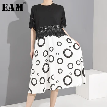 

[EAM] Women Pattern Printed Lace Sttich Midi Dress New Round Neck Short Sleeve Loose Fit Fashion Tide Spring Summer 2020 1U83401