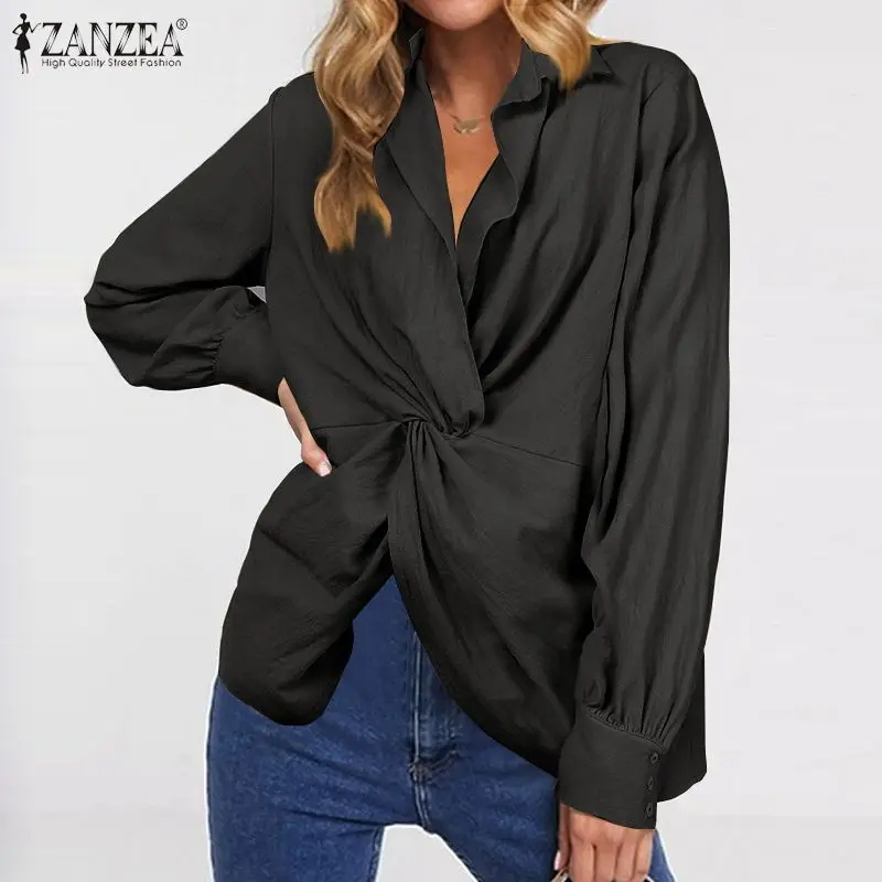  2020 ZANZEA Women Fashion Shirts Ladies Crissed V Neck Tops Blouse Cotton Work Office Tunic Tops Lo