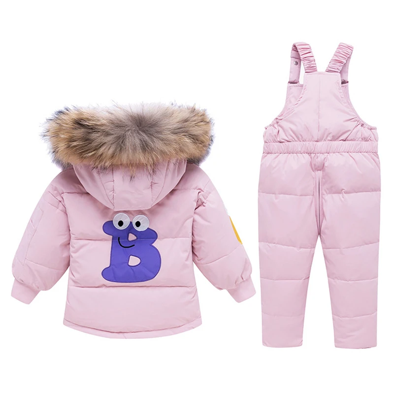 Одежда для девочек с буквенным принтом в русском стиле; зимний комплект одежды для мальчиков; детский меховой лыжный костюм; куртка с капюшоном и комбинезон; детский зимний комбинезон