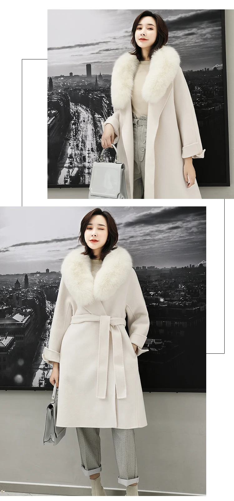 Clearance Women 2019 Winter Natural Fox Fur Collar Double-Sided Wool Blends Coat Female Thicken Warm Sheep Shearing Long Overcoat 17