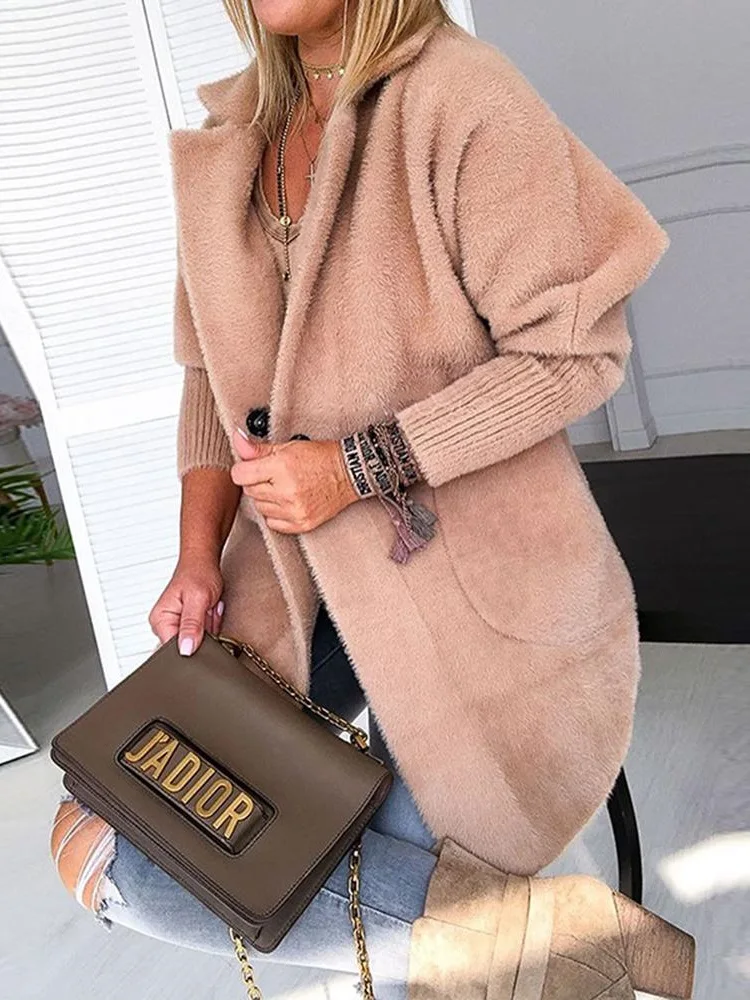 

2019 Winter Women Elegant Shaggy Casual Outfit Female Fashion Daily Long Jacket Warm Khaki Solid Fluffy Open Front Long Coat