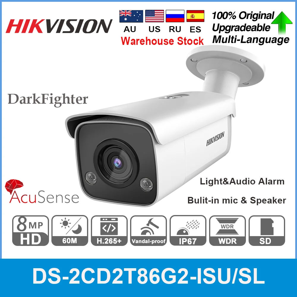 Hikvision Original 4K 8MP IP Camera DS-2CD2T86G2-ISU/SL DarkFighter AcuSense Bullet IP67 60M Smart H.265+ SD Slot Audio Alarm |
