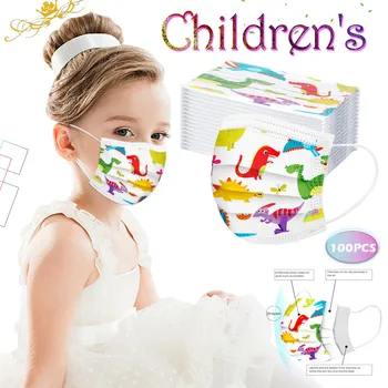 

100 Pcs Masks Children's Face Mask Disposable dinosaur Print Face Mask 3ply Ear Loop Mouth Mask Masques Mascarillas