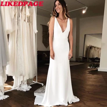 

Sexy Deep V-neck Mermaid Wedding Dresses 2020 White Ivory Lace Robe De Maria Backless Chapel Train Vestido De Noiva Custom Made