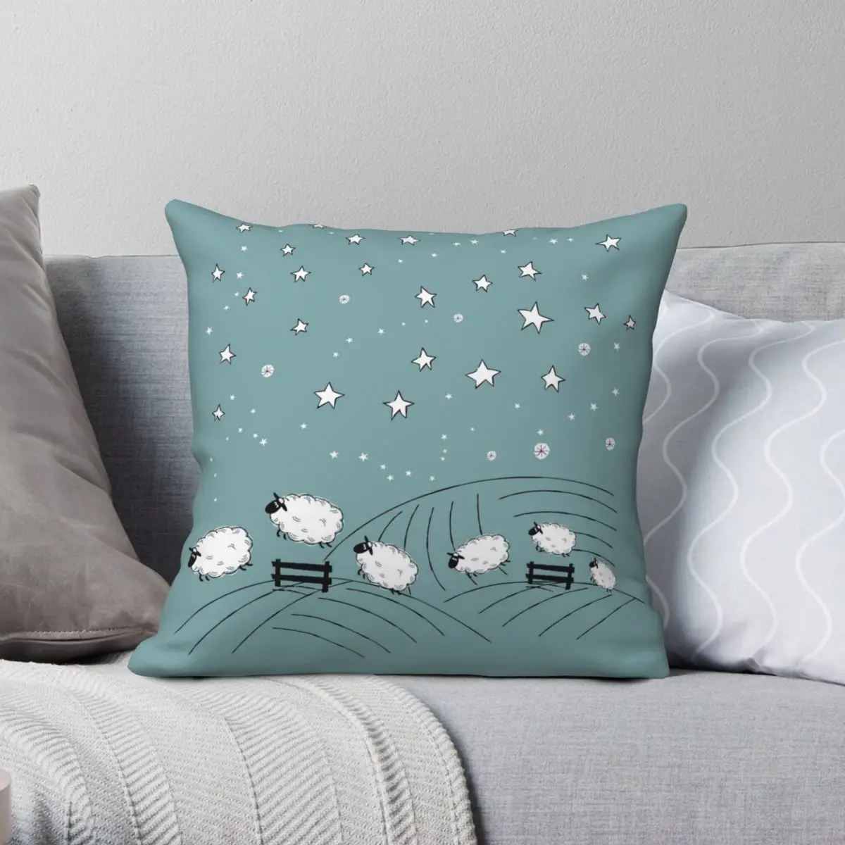 

Starry Night Counting Sheep Square Pillowcase Polyester Linen Velvet Pattern Zip Decor Pillow Case Home Cushion Cover