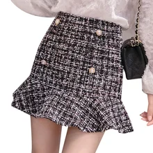 Корейский мини твидовая шерстяная юбка женские, с высокой посадкой осень-зима оборками короткая юбка-годе женский маленький аромат Faldas Mujer