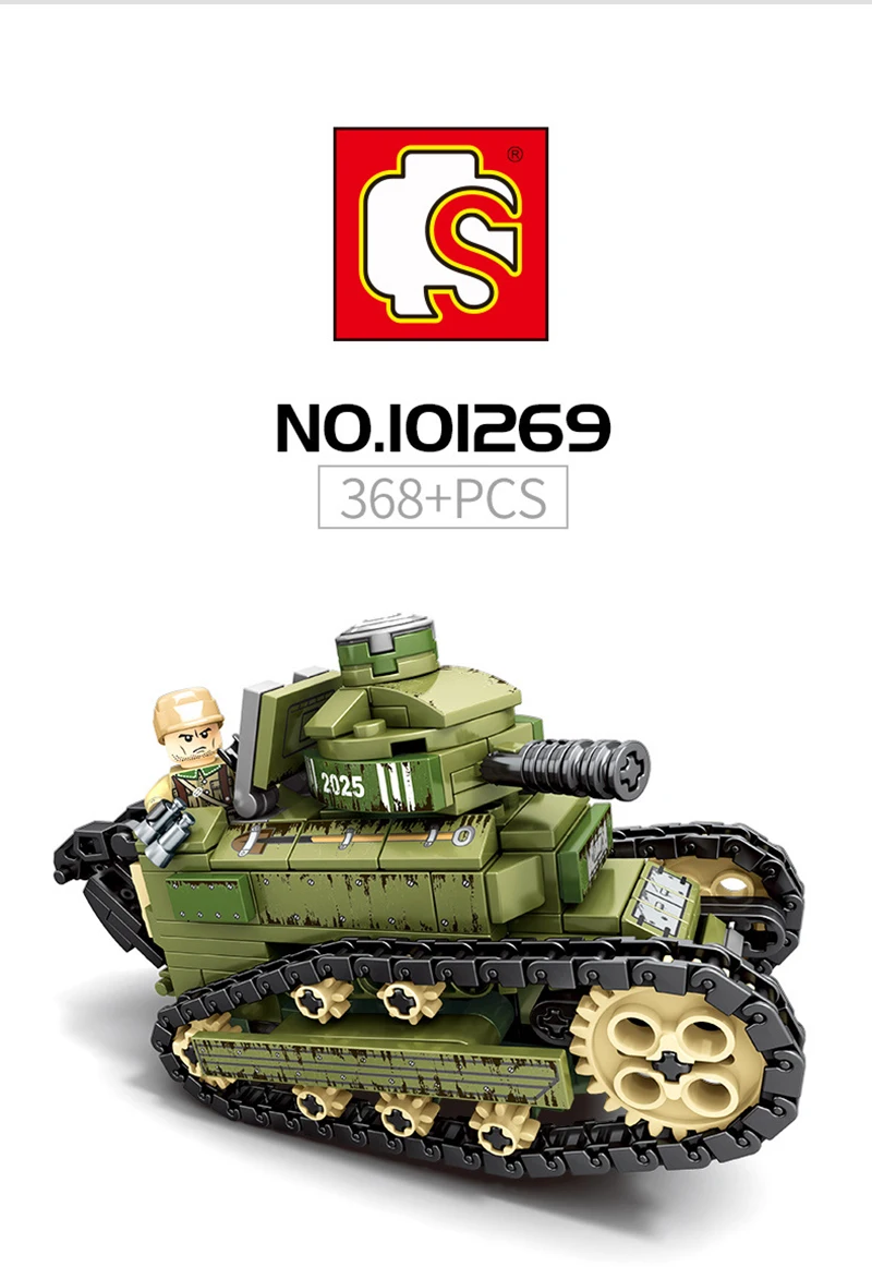 Sembo 368 шт., армейский FR Renault FT-17, танк, строительные блоки для детей, легольные Военные солдаты, фигурки, оружие, кирпичи, подарок для мальчиков