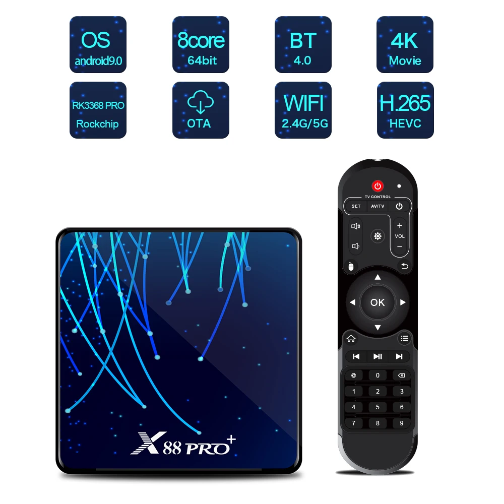 X88 PRO Plus Android Tv Box RK3368 8 Восьмиядерный Android 9,0 4K(3840x2160 пикселей) H.26 SetTop Box 4 ГБ DDR3 32GB128GB медиаплеер