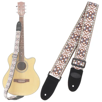 

Jacquard Weave Double Fabric Guitar Strap Flowers Pattern Genuine Leather Cow Suede Ends with for Electric Guitar Bass