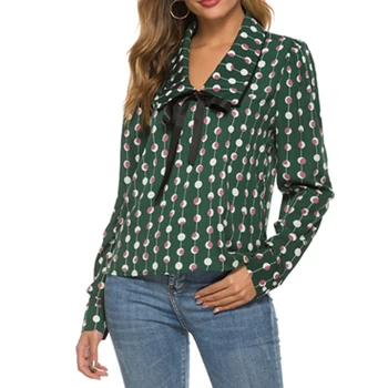 

Long Sleeve Chiffon Polka Dot Printed Blouse for Women 2020 Spring Office Ladies Green Retro Work Wear Shirt Plus Size S XL Tops