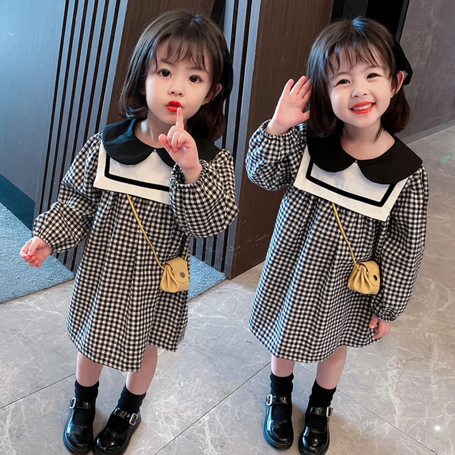 Toddler Girls Dress Plaid Pattern Girls Party Dress Casual Style Kids Dresses Spring Autumn Clothing
