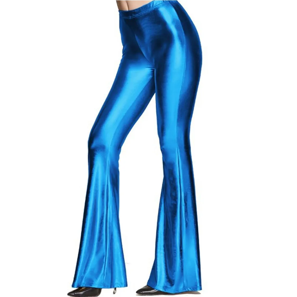 Модные женские блестящие расклешенные брюки цвета металлик, однотонные брюки с высокой талией и расклешенной подошвой, Disco pantalones mujer# guahao - Цвет: Blue