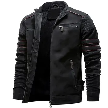 

Autumn Mens Casual Leather Jacket Winter Inner Fleece Cargo Coat PU Leather Waterproof Jackets