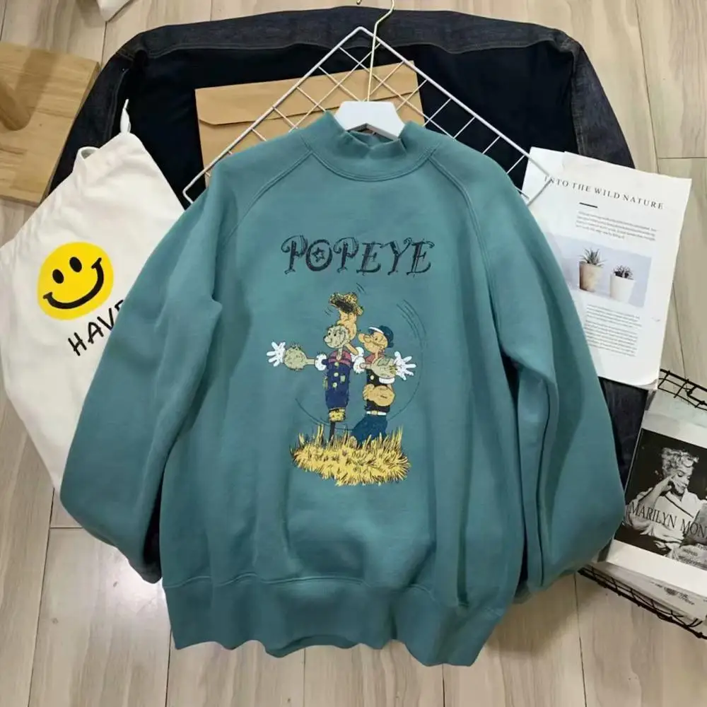 Зеленый winter hoodie fleeced pullover coat women turtleneck thick sweatshirt funny cartoon print hoodies teenager - Цвет: Зеленый