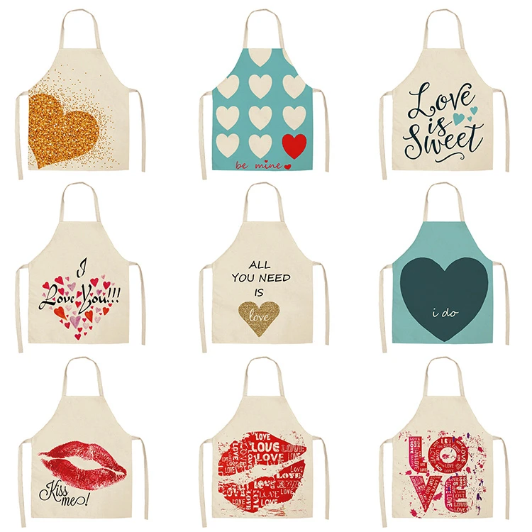 1Pcs Red Lips Letter Kitchen Aprons For Women Cotton Linen Bibs Household Cleaning Pinafore Home Cooking Apron 53*65cm WQL0114