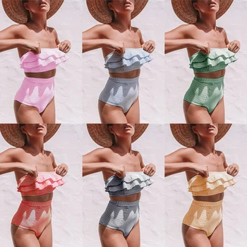 

IMANFive Striped Bikini 2019 New Arrival Strapless Sexy Bikinis High Waist Swimwear Women Ruffles Swimsuit Brazilian Biquini
