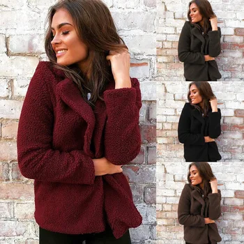 

Women Winter Solid Teddy Warm Faux Fur Short Coats Female Fluffy Long Sleeve Plush Turn-down Collar Jacket Slim Tops Overcoat