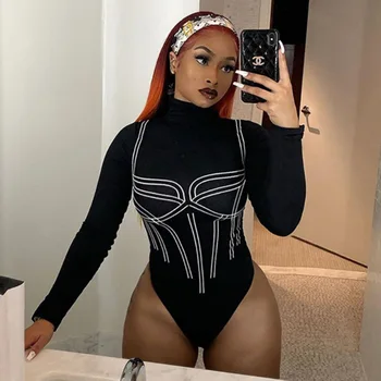 

Double Strawberry Autumn new personality printing pattern turtleneck long sleeve bodysuit Women bodycon romper and jumpsuit