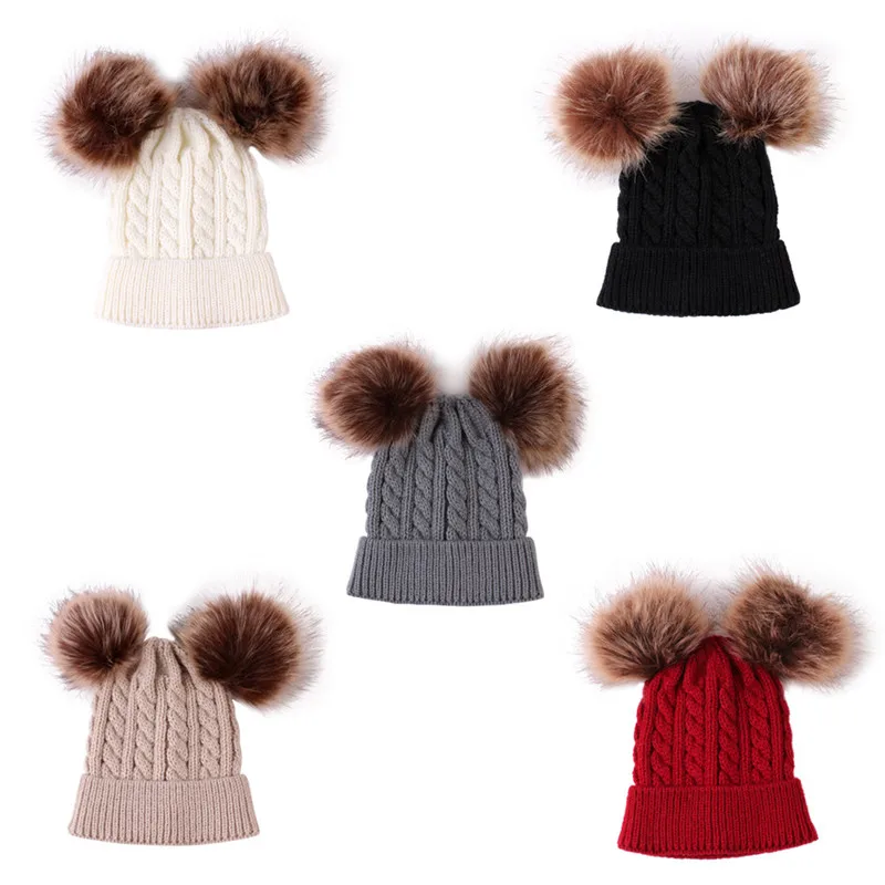 

New Fashion Causal Hat Double-ball Knitted Baby Knitted Cap Warm Child Hat