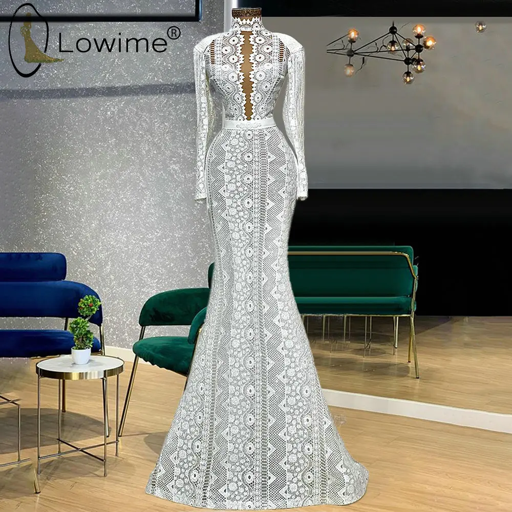 

Vintage Muslim Long Sleeves Mermaid Lace Evening Dresses 2021 High Neck Saudi Arabia Middle East Prom Party Gowns Robe Longue