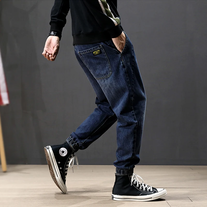 Fashion Streetwear Men Jeans Loose Fit Spliced Designer Cargo Pants Harem Jeans Dark Blue Japanese Hip 2