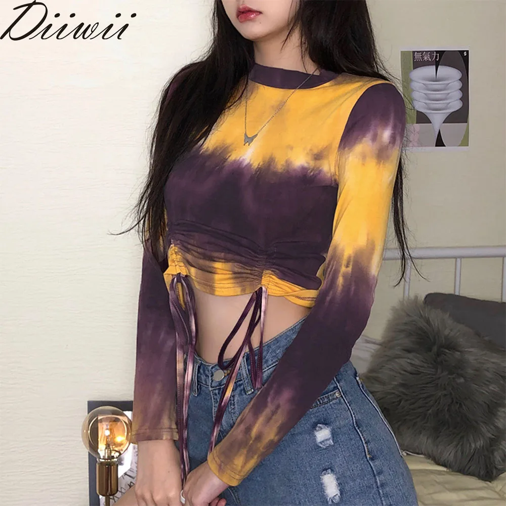 

DiiWii New Womens Round Neck Commuter Pullover Crop Navel Slimming Tie Dye Drawstring Long Sleeve Blouse