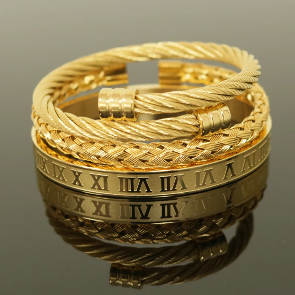 

Borasi 3pcs/set Luxury Gold/Silver 316L Stainless Steel Wristband Braiding Bangles Opening Cuff Bracelets For Men amazing price