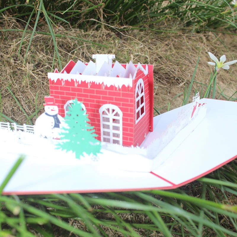  3D Handmade Red Christmas Cottage Snowman Tree Paper Invitation Greeting Cards PostCard Merry Chris - 4000314482629