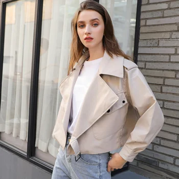 

White PU leather jacket women short coats 2020 autumn new motorcycle clothing leather jacket loose women's coat