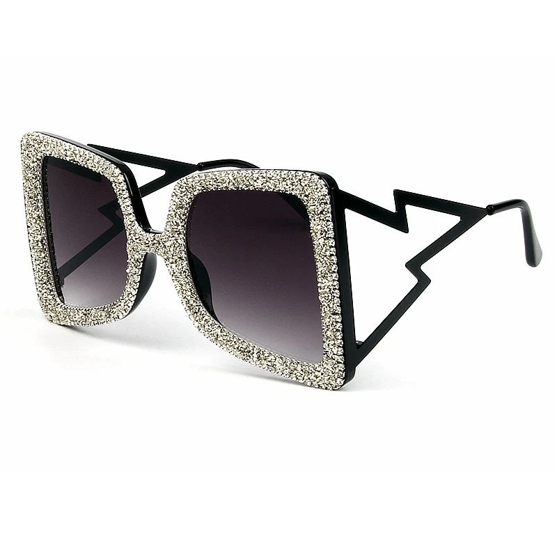 Женские солнцезащитные очки больших размеров с большим широким храмом, украшенные камнями, модные очки UV400, винтажные Брендовые очки Oculos - Цвет линз: black grey