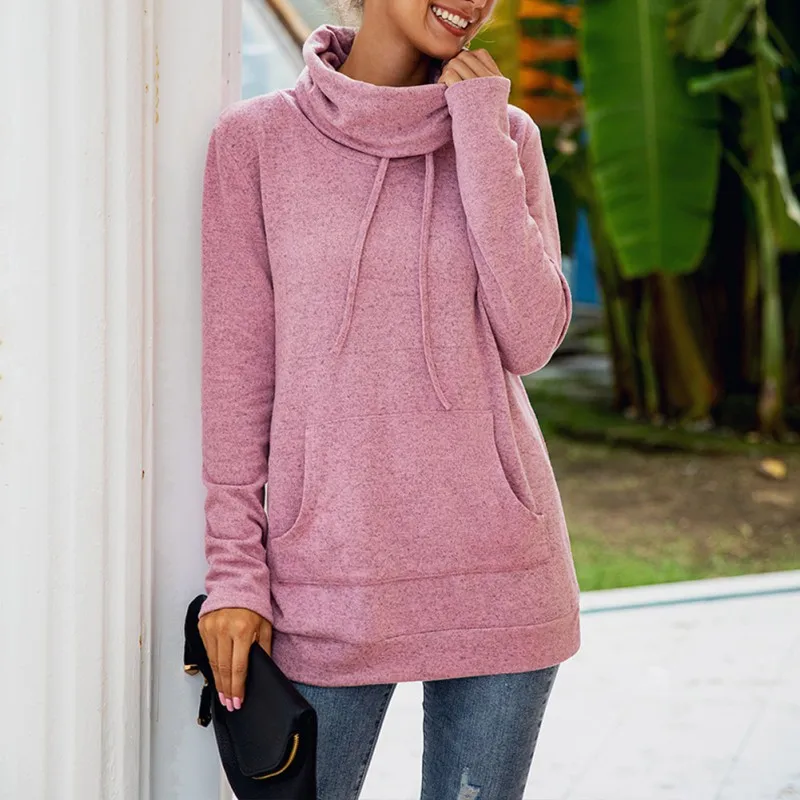 

Women Casual Fashion Solid Color Long Sleeve Pulloves Harajuku Turtleneck Sweatshirt FemaleTops Pockets Drawstring Sweatshirts