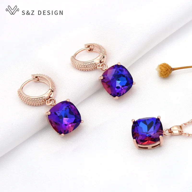 S&Z DESIGN New Fashion Temperament Colorful Square Crystal Dangle Earrings Jewelry Sets For Women Wedding Pendant Necklace Gift