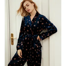 Sleeve Shirt Pants Homewear Button Velour Sleepwear 2 Piece/Set Star Printed Sexy Velvet Pajamas Set Pyjama Long