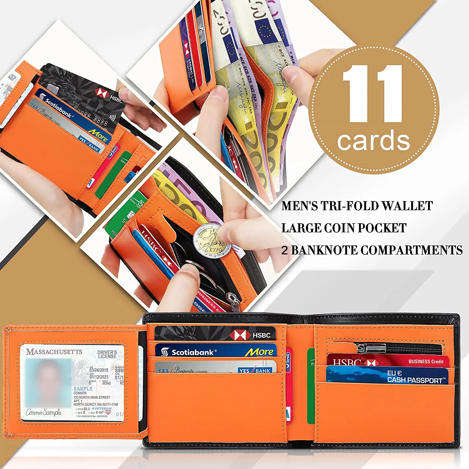 Genuine Leather Wallet Men Slim RFID Purse Card Holder Coin Pocket ID Window Minimalist Wallets 4