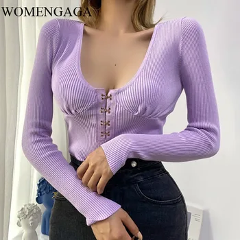 

WOMENGAGA V-neck Chest Display Adhesive Hook Sexy Long-sleeved Knitted Sweater Women's Slim Pullover All-match Solid Color 0LLU