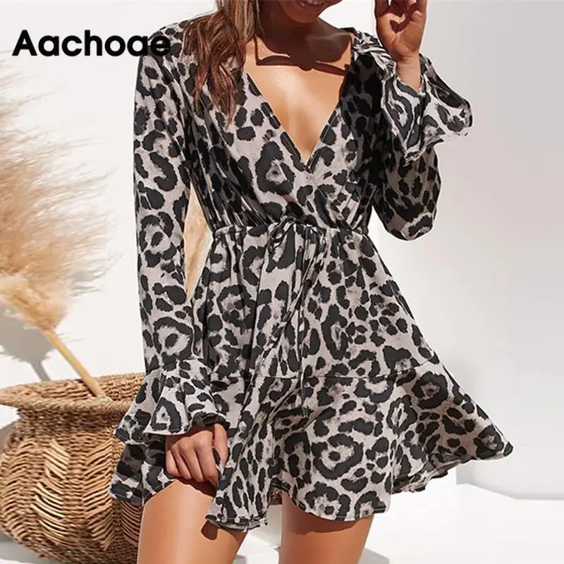 Aachoae Summer Chiffon Dress Women Leopard Print Boho Beach Dresses Casual Ruffle Long Sleeve A-line Mini Party Dress Vestidos Aachoae Summer Chiffon Dress Women Leopard Print Boho Beach Dresses Casual Ruffle Long Sleeve A-line Mini Party Dress Vestidos
