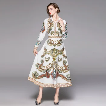 

Women Spring 2020 Runway Dress Long Sleeve Turn Down Collar Elegant Plus Size Maxi Dress Vintage Print Shirt Dress Vestidos