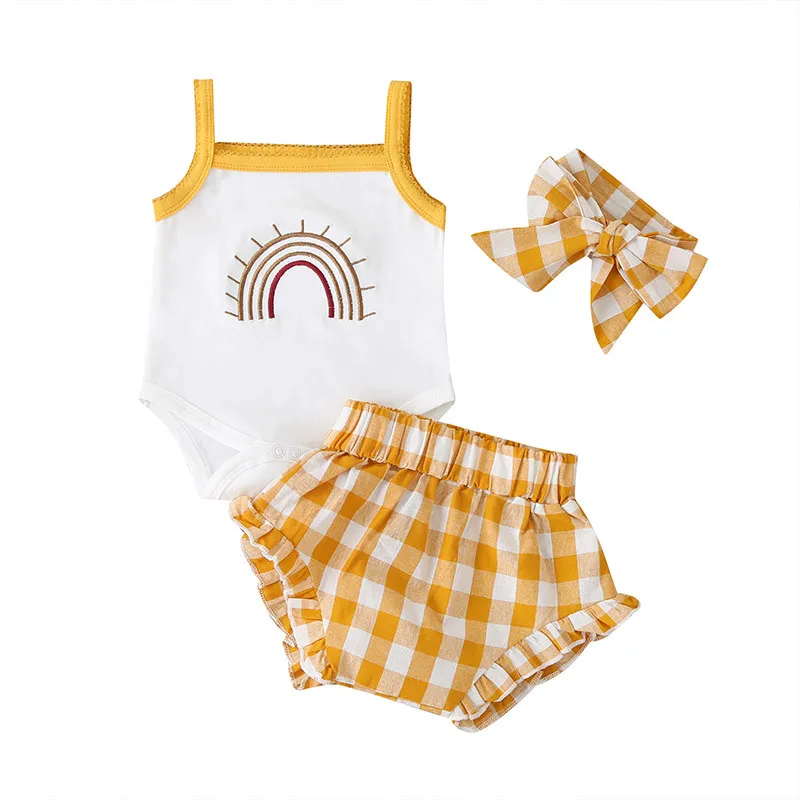 Summer Fashion baby girl Rainbow Print suspender Romper Plaid Shorts 3Pcs baby pants set fashion baby Outfits Baby Clothing Set Baby Clothing Set