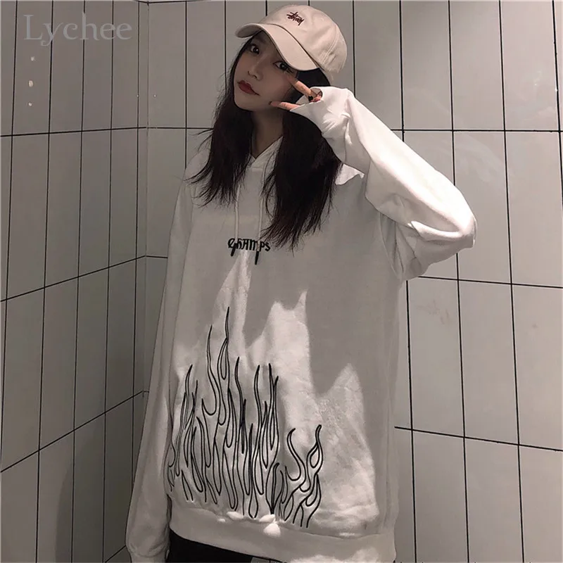

Lychee Harajuku Flame Letter Embroidery Women Hooded Sweatshirt Spring Autumn Lady Sweatshirts Casual Loose Female Hoodie Tops
