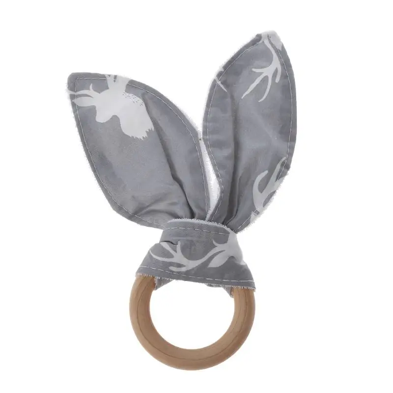 

Baby Boy Girl Bunny Ear Teether Safe Organic Wood Teething Ring Toys Various Color Choice Shower Gift E65D