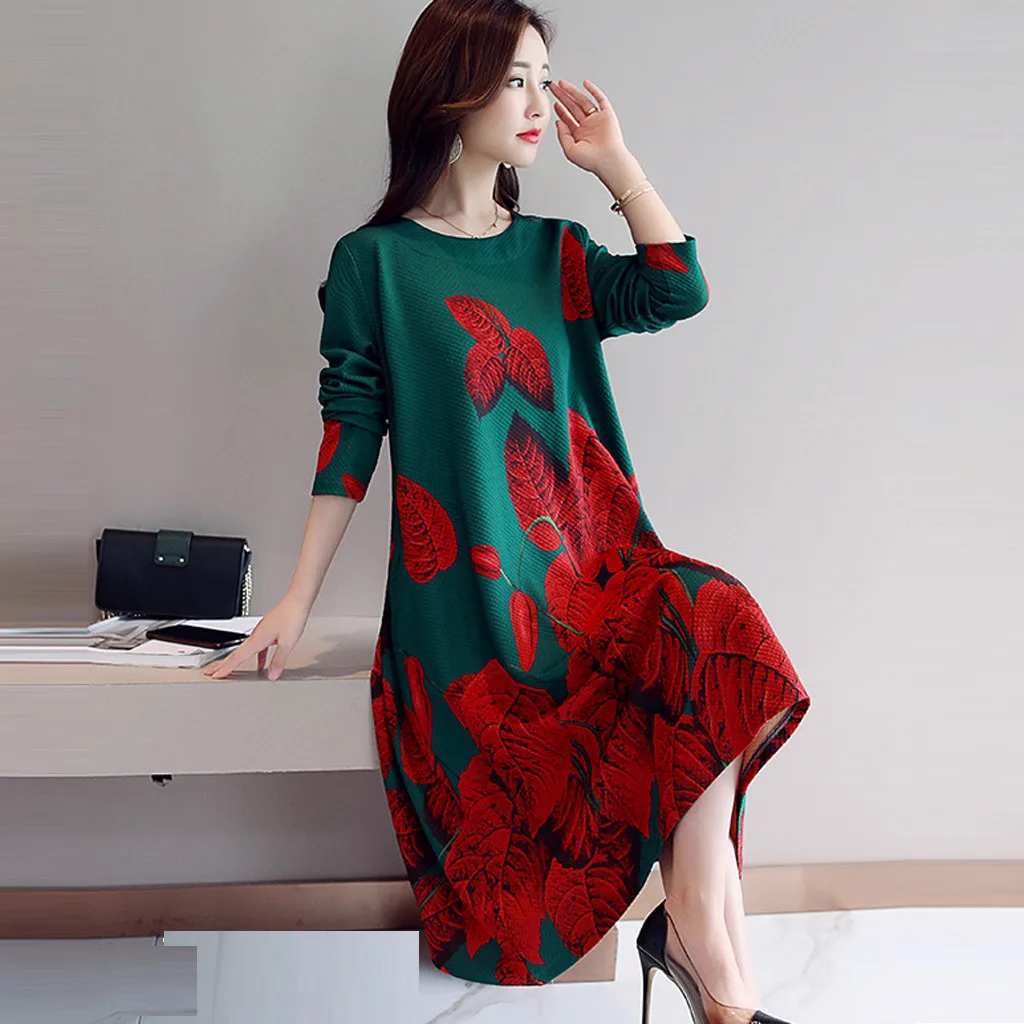 Women Dress Casual Long Sleeve O-Neck Printed Loose Dress Fashion Female Autumn Winter Party Dress Vestidos Plus Size M840
