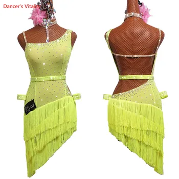 

Latin Dance Dress Suit Tassel Dress Female Adult Children'S Competition Dress Dance Outfit Party Fluorescent Yellow Dress Latin