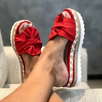 

2020 Hot Sell Slippers Women Slides Summer Butterfly-knot Sandals Beach Shoes Wedges High Heels Slippers Linen Casual Plus Size