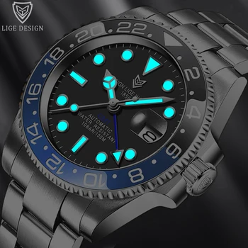 

LIGE DESIGN Men Stainless Steel Watch Sapphire Crystal Ceramic bezel GMT Automatic Mens Watches Luxury Mechanical Wristwatch+Box